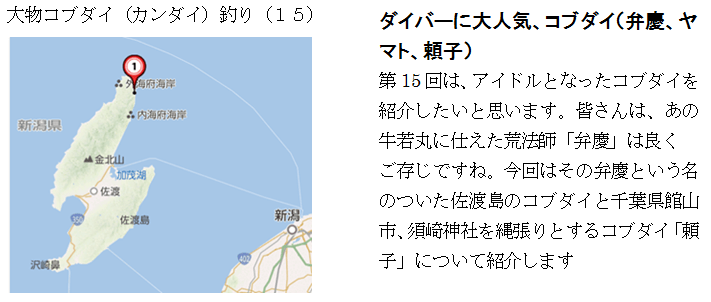 大物コブダイ釣り（１５）の記事要約文と佐渡島の地図