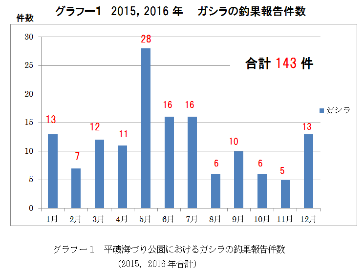 グラフー１　2015，2016年　ガシラの釣果報告件数