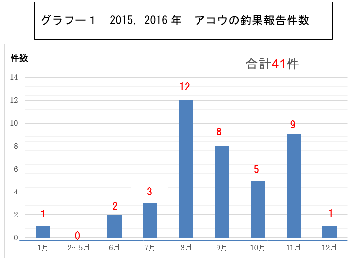 グラフー１　2015，2016年　アコウの釣果報告件数